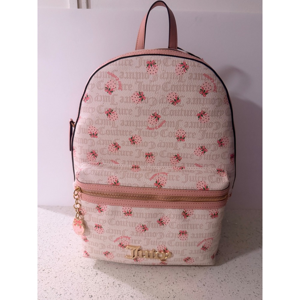 Juicy Couture Strawberry Print Backpack Pink Cream Gold Logo NWT